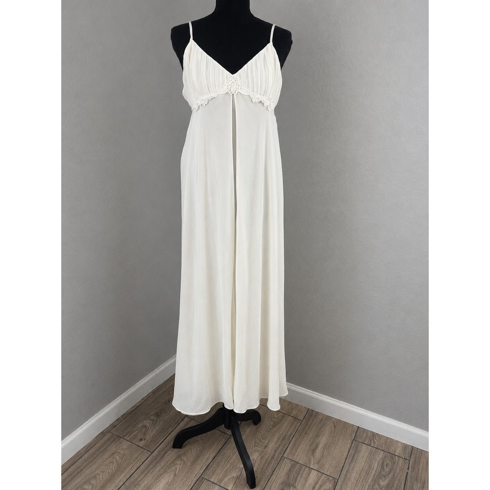 Flora Nikrooz Ivory Sheer Chiffon Lace Pleated Long Nightgown Lingerie XL